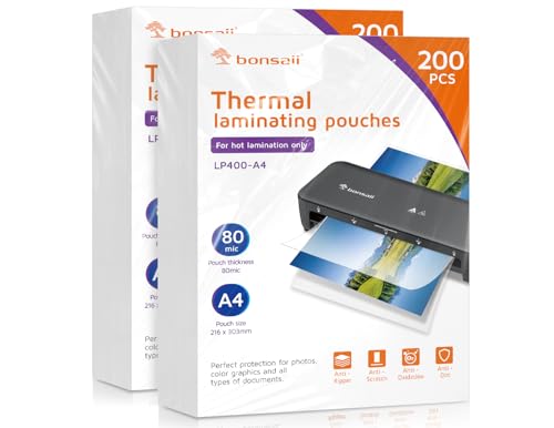 Bonsaii Laminierfolien A4, 80 Mikron, 400 Stück, Transparent, Glänzend, Kompatibel mit der L418-C Laminiergerät, für den Einsatz zu Hause oder im Büro(LP400-A4)