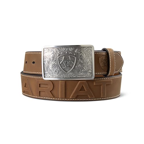 ARIAT Mens 3D Embossed Lettering Belt with Antique Silver Engraved Scroll Buckle Medium Brown 40