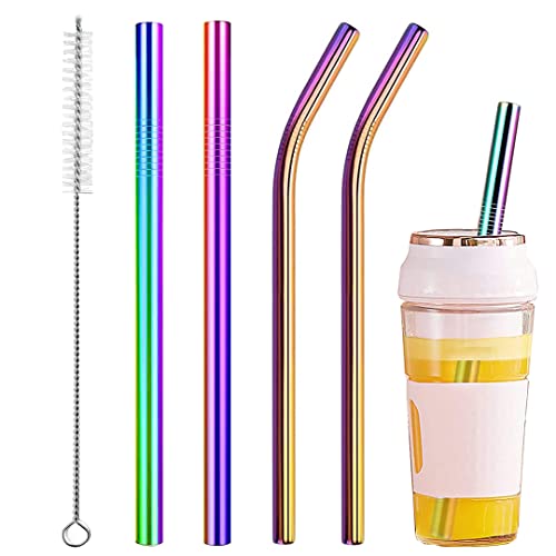 Image of Vinaco Reusable Smoothie Straws, 0.4'' Wide Stainless Steel, 10.5'' & 8.5'' Long, 4 Pack with 1 Cleaner for Milkshake, Smoothie, Bubble Tea