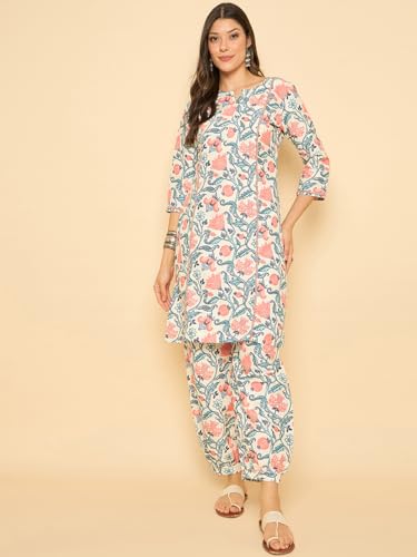 Image of SheWill Women Cotton Blend Floral Printed Straight Kurta with Mandarin Collar, Button Detailing, and 3 /4th Sleeves Paired with Matching Printed Pants