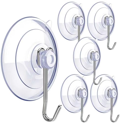 DSMY Suction Cup Hooks,6 PCS Clear Suction Cup for Glass Window Decor Shower Bathroom Glass Window Shower Kitchen, Reusable PVC Cups with Removable Stainless Hooks, Assorted (6)