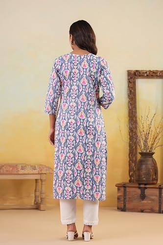Image of Ichaa Women's Cotton Kurta | Printed Straight Kurta | V-Neck, 3 /4th Sleeve, Ethnic Wear