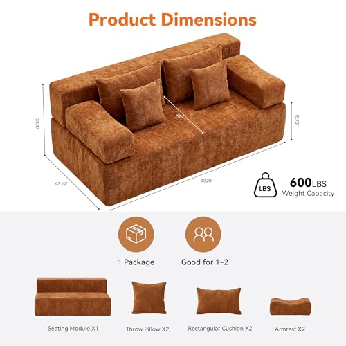 Image of MONVANE 70 inch Modular Sectional Sofa, Boneless Loveseat, Orange