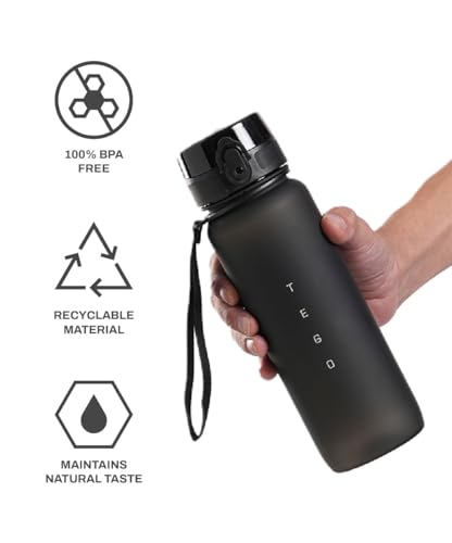 Image of TEGO Rise Tritan Water Bottle | 800ml Secure Flip Lock Lid | BPA-Free, Durable & Impact-Resistant | Wrist Strap for Easy Carry | Hydration Tracker | Gym, Office, Travel Water Bottle (Black)