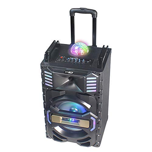 Altec Lansing AL-5001 Trolley Speaker angled view showing side panels with LED lights and the extendable handle.