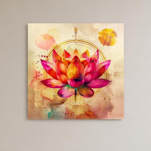Image of Pink Vastu Lotus Stretched Canvas Wall Art Painting for Living Room | Elegant Floral Artwork Painting | Modern Spiritual Wall Decor for Home, Bedroom & Office, 22x22 Inch