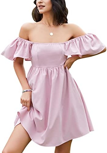 EXLURA Womens Casual Short Sleeve Square Neck Cap Sleeve Dress High Waist A-Line Casual Smocked Back Mini Dresses