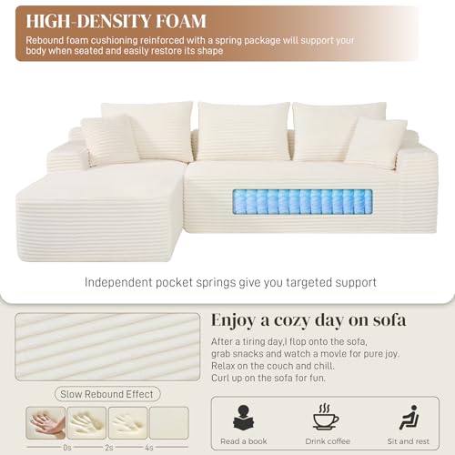 Image of 108 inch L Shaped Cloud Boneless Sectional Couches for Living Room, Modern Comfy Modular Deep Seat Memory Foam Compressed Corduroy Sofa Oversized Left Facing Chaise, No Assembly Required, White