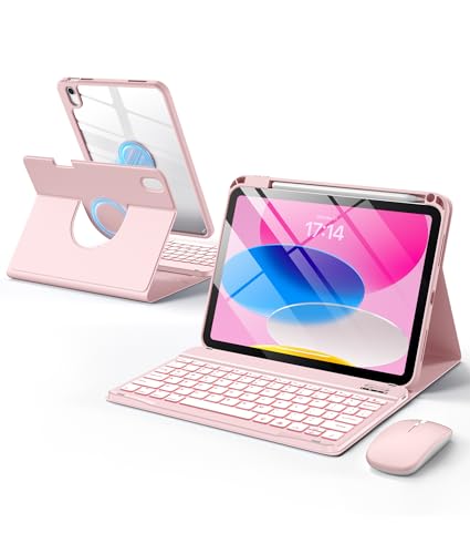 Wenlaty for iPad A16 11th/10th Generation Case with Keyboard & Mouse 360 Rotating Magnetic Detachable Cover with Pencil Holder 7-Color Backlit Keyboard and Mouse for iPad 11 inch/10.9 Light Pink