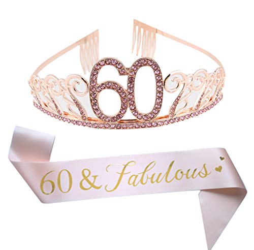 60th Birthday Pink Tiara and Sash, Glitter Satin Sash and Crystal Rhinestone Tiara Crown for Happy 60th Birthday Party Supplies Favors Decorations Cake Topper