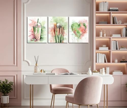 Image of Frimeeme Basketball Canvas Wall Art, 4pcs 8x10in Unframed | Boba Tea, Makeup Brushes and Heart, Teen Girls Bedroom Decor