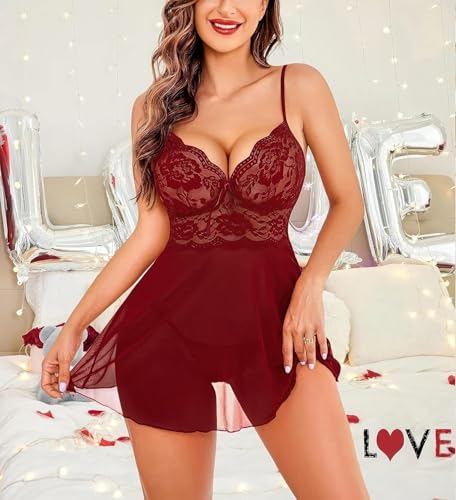 Image of Babydoll | Women's Plus Size Split Long Mesh Lingerie Dress Babydoll Chemise Sleepwear | Nightwear Sexy Above Knee Dress with G-String Panty