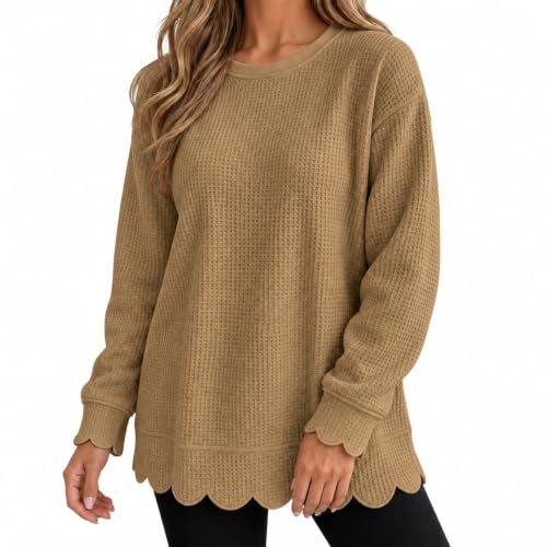Waffle Knit Tops For Women Plus Size Long Sleeve Tunic Scalloped Sweatshirt - image 7