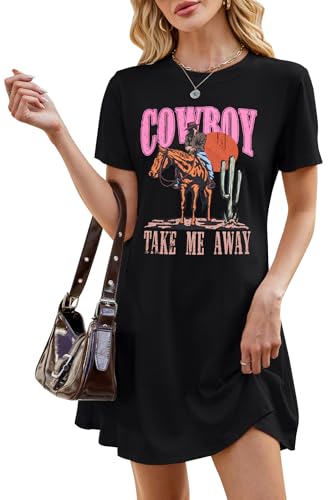 Image of Cowboy Western Dress for Women: Vintage Rodeo Graphic Dresses Country Music Sundress Short Sleeve Cowgirl Outfits