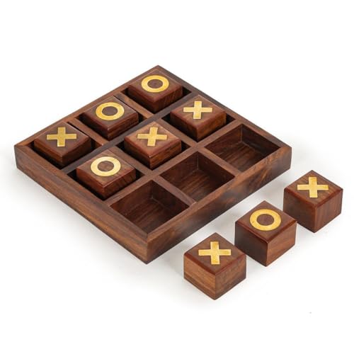 Image of Handcrafted Wooden Noughts and Crosses Tic Tac Toe Game Set, 7 x 7 inches, Gold Inlay Design, Traditional Board Game