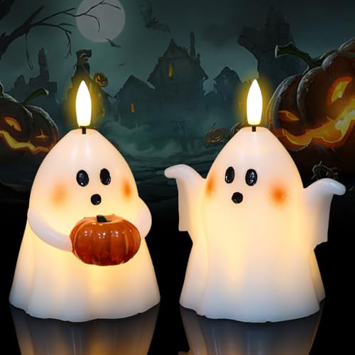 Image of Wondise Halloween Flameless Candles with 6hrs Timer Spooky Ghost, Battery Operated Candles 3D Flickering Wick Real Wax 2 Packs Halloween Candles for Halloween Decoration Gift (D 3.5 inch x H 5 inch