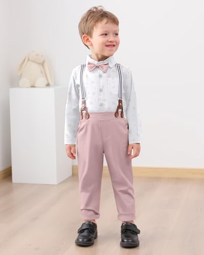 Image of YALLET Toddler Baby Boy Clothes Suit Gentleman Wedding Outfits Formal Dress Shirt+Bowtie+Suspender Pants