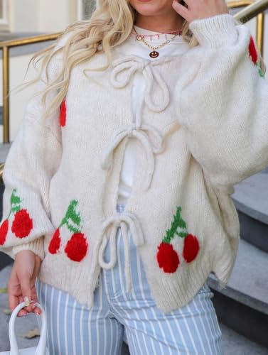 Image of chouyatou Women's Cute Y2K Cherry Tie Knot Cardigan Casual Loose Crewneck Chunky Knit Sweater Cardigan