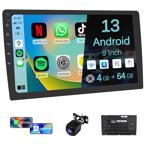 Haudio 9“ Double Din Car Stereo with Wireless Apple Carplay & Android Auto, Touchscreen Radio with Backup Camera, BT 5.4, WiFi 5, GPS, Mirror Link, FM/AM Radio, 4+64GB