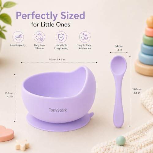 Image of TONY STARK Silicone Unbreakable Baby Bowl & Handle Spoon - Suction Design, Non-Slip, BPA Free, Dishwasher & Microwave Safe (Lavender, 2 Piece Set)