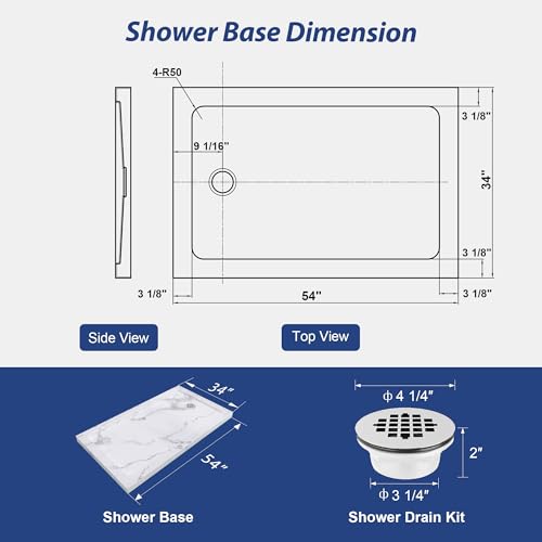 Image of KPUY 54'' X 34'' Shower Base Pan with Reversible Install, Carrara White