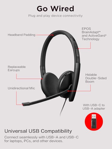 Image of Lenovo Wired VoIP Headset (UC) with EPOS BrainAdapt & ActiveGard Technology, Zoom Certified, UC Platform Optimized, USB-C Plug, Lightweight Design, Hearing Protection, Plug-and-Play, Comfortable