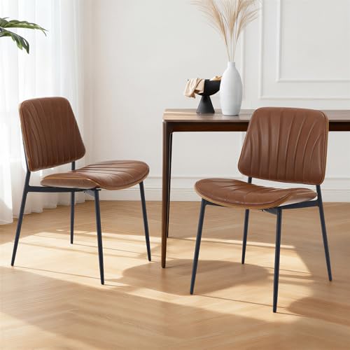Ya-Home Chaise de Salle à Manger en Cuir PU Lot de 2 Chaise Rembourrée Scandinave sans Accoudoirs Chaise de Cuisine avec Pieds en Métal, Marron