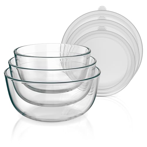 Arendo - Rührschüsseln aus Glas mit Deckel - Glasschüssel 3er Set - 700ml + 1100ml + 1500ml – Rührschüsseln klein bis groß – Borosilikatglas - Salatschüssel Glasschale Salatglasschale
