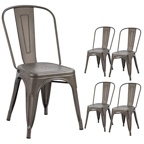 Devoko Metal Indoor-Outdoor Chairs Distressed Style Kitchen Dining Chairs Stackable Side Chair with Back Set of 4 (Gun)