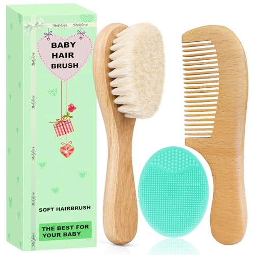 Image of Molylove Baby Hair Brush with Wooden Handle and Comb Set for Newborns & Toddlers | Natural Soft Goat Bristles l Wood Comb l Green Cradle Cap Brush | Ideal for Cradle Cap (3 Piece)