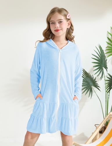 Image of Girls Swim Cover Up Kids Long Sleeve Swimsuit Coverup Terry Beach Pool Clothes with Sunglasses