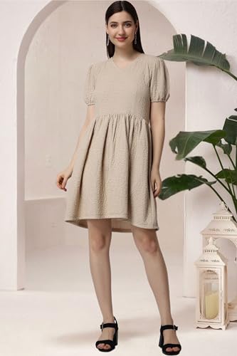Image of POPWINGS Casual Self Crush Design Solid Knee Length Blouson Peplum Dress for Women || Stylish Summer Dress for Women || Knee-Length Dress for Women || V-Neck Dresses for Women