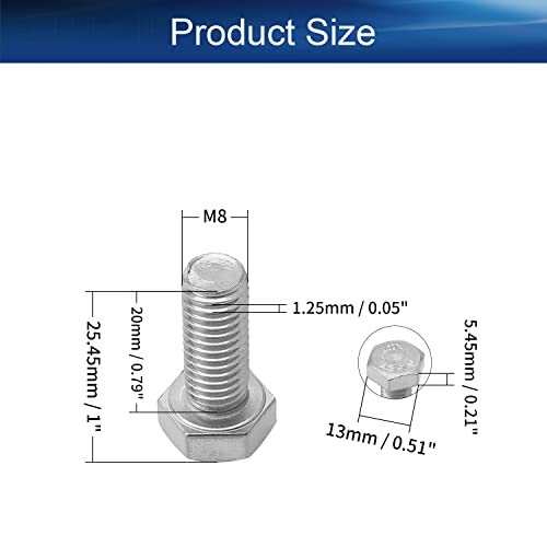 Image of Bettomshin 20Pcs M8 x 20mm Hex Bolts, 304 Stainless Steel 1.25mm Thread Pitch Fully Threaded Metric Hex Head Screw Bolts, Hexagon Screw Bolt, Hex Tap Bolts, Silver (Overall Size 25.45x13x13mm)