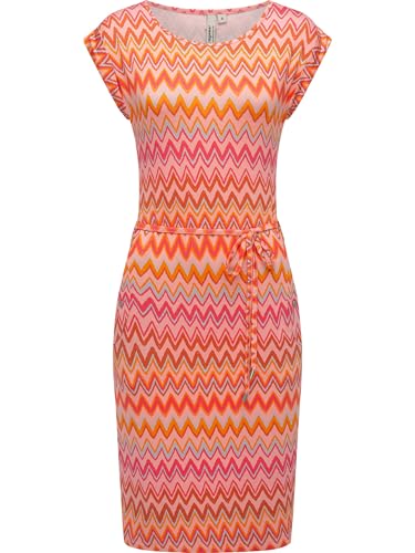 Ragwear Damen bequemes Sommerkleid Kurzarm Midikleid Gemustert mit Stoffgürtel Taggien Print YOUMODO Peach Gr. M