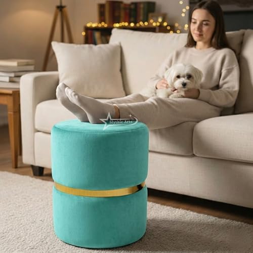 Image of Round Single Strip Upholstered Stool Living Room Foot Rest Linen Fabric Padded Seat Pouf Ottoman Office Stool Aqua