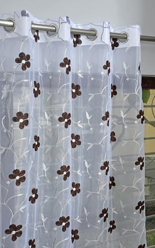 Image of Embroidered Floral Sheer Net Curtain for Window - 5x4 Feet - Transparent Golden Net Curtain - Pack of 1 - Elegant Lightweight Decor for Living Room & Bedroom