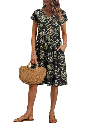 Image of AUSELILY Women's Summer Short Sleeve Knee-Length V Neck Dress with Pockets