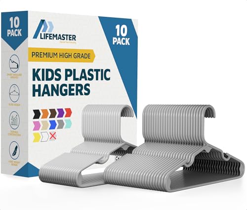 Image of Lifemaster Plastic Kids Clothes Hangers – Children Clothes Hanger with Shoulder Notch, 11.6 Inch Space-Saving Closet Organizer for Baby, Toddler, and Kids Clothing, Hold Up to 5 lbs, Pack of 10, Gray