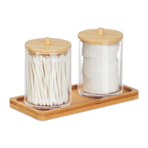 Relaxdays Bathroom Container Set, Tray, 2 Cups, Bamboo Lids, Cosmetic Organiser, 11 x 19 x 9 cm, Transparent/Natural