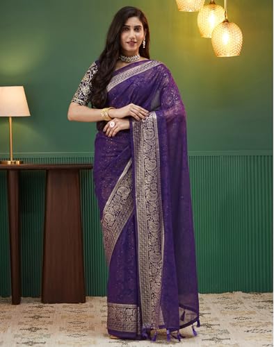 Image of SIRIL Women's Georgette Foil Printed Saree with Unstitched Blouse Piece