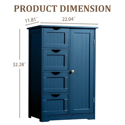Image of Vasitelan Bathroom Wooden Floor Cabinet, Side Storage Organizer with 4 Drawers and 1 Cupboard, Freestanding Entryway Storage Unit Console Table,22 inch W x 11.8 inch D x 31.5 inch H (Navy Blue)