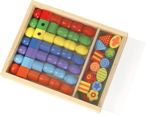 Preisvergleich Produktbild Lena 32010 - Bastelset Holzfädelperlen in Holzkassette, mit 54 Fädelperlen aus FSC 100% Holz, ca. 3 cm groß, Holzperlen Set für Kinder ab 3 Jahre, Perlen Set zum selber gestalten von Schmuckketten
