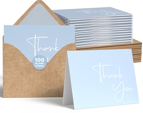 VNS Creations Thank You Cards With Envelopes Bulk Set & Stickers - 100 Pack 4x6 Blank Thank You Notes Bulk Box Set - Large Note Card Small Business, Wedding, Baby Shower & Bridal Shower - Light Blue