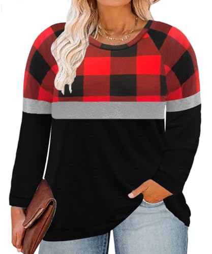 Image of TIYOMI Plus Size Tops for Women Raglan Long Sleeve V Neck T Shirts Casual Color Block Leopard /Floral Tops Winter Tee Shirt
