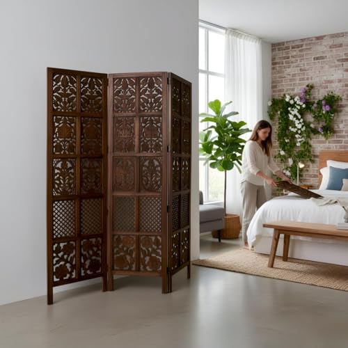 Image of THEHEARTWILL Partition Wall Divider | Wooden Partition for Hall, Living Room, Open Kitchen & Pooja Room | Room Divider 3 Panel | Room Separator (Brown-x3)