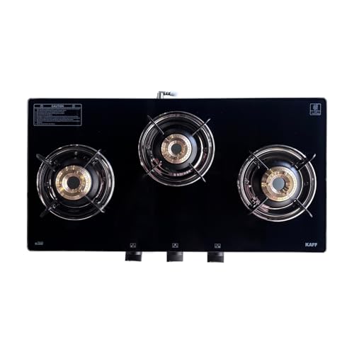 KAFF Cooktop | 3 Burners with Slim Line Design 71 CM | High Efficiency Brass Burners, Black Tempered Glass | Matt Enamelled Pan Support | Black | CTR71-3B