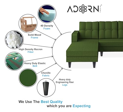 Image of Adorn India Maddox Tufted L Shape 6 Seater Sofa Set LHS (Green) (3 Year Warranty)
