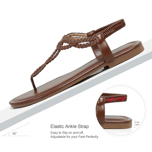 Image of iCKER Womens Braided T‑Strap Flat Sandals Elastic Stretch Ankle Strap | Boho cute casual lightweight and comfort matches dresses for beach vacation