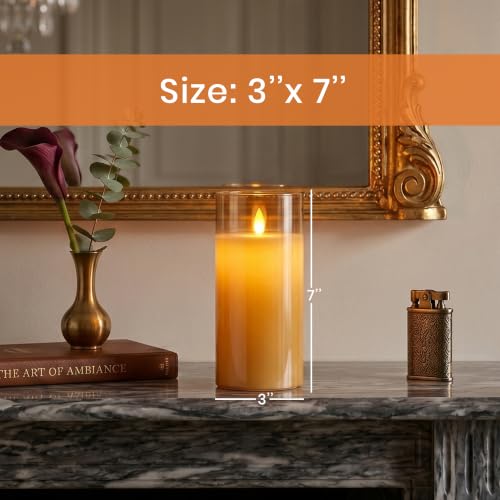 Image of LTETTES Real Wax Led Candle with Glass Cup | Flameless Flickering Wick | Amber Glass Finish | Battery Operated with Remote Controller | Decorative Candle for Home, Festival & Gifting | D-3 inch x H-7 inch