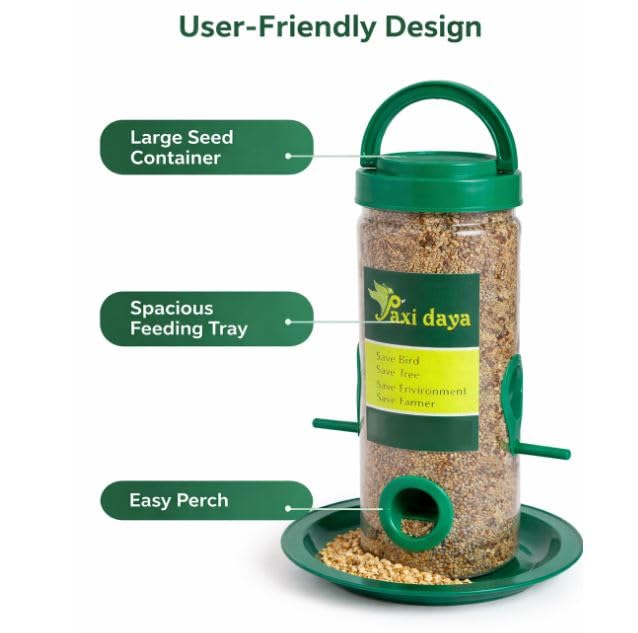 Image of Bird Feeder for Balcony & Garden - Pack of 3 | Hanging Seed Container with Perch & Tray | Outdoor Bird Feeding Jar for Sparrows & Small Birds